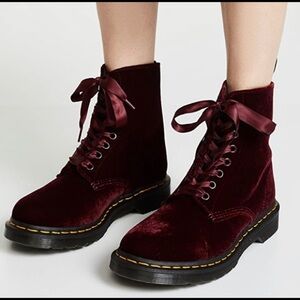 DR MARTENS Sz 6 1460 Pascal Red Wine Velvet Satin Lace Boots